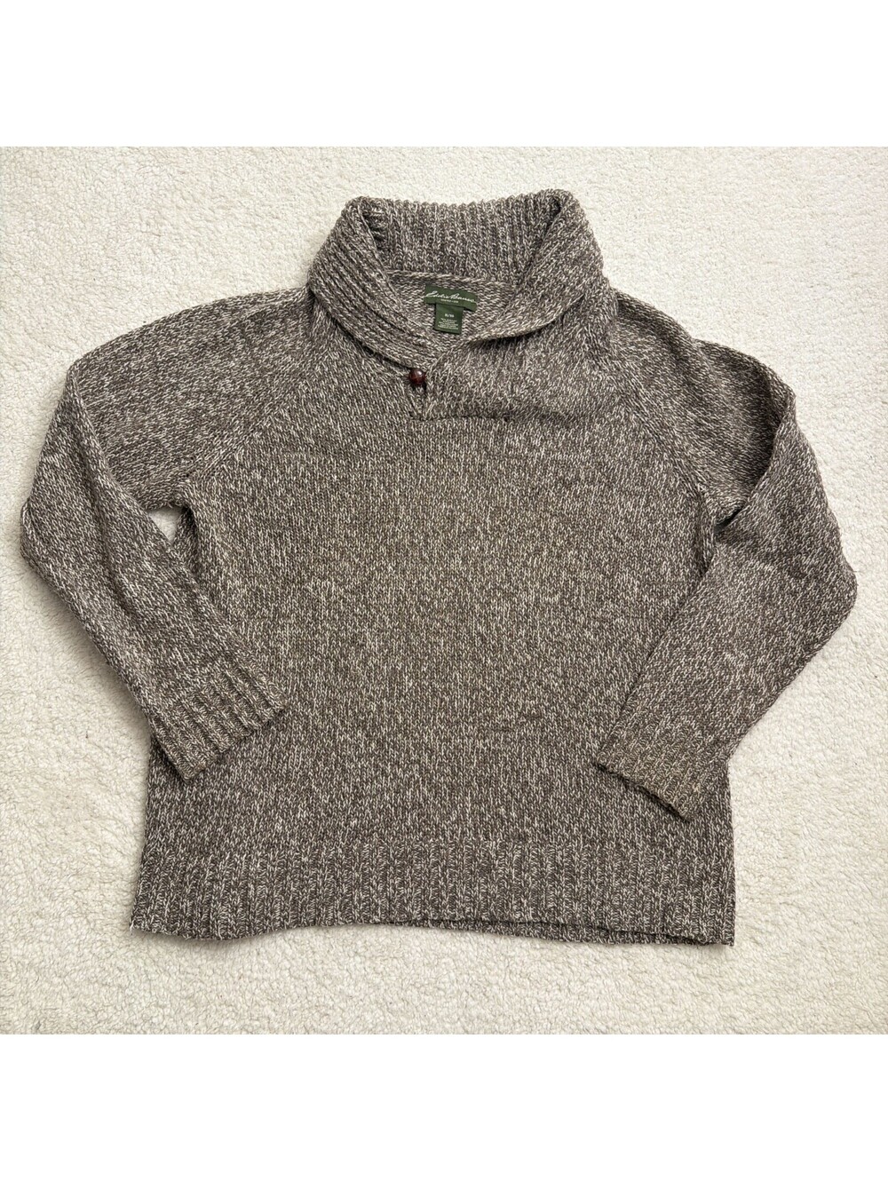 Eddie Bauer Sweater Mens XL Brown Cream Marled Wool Blend Shawl Collar Chunky